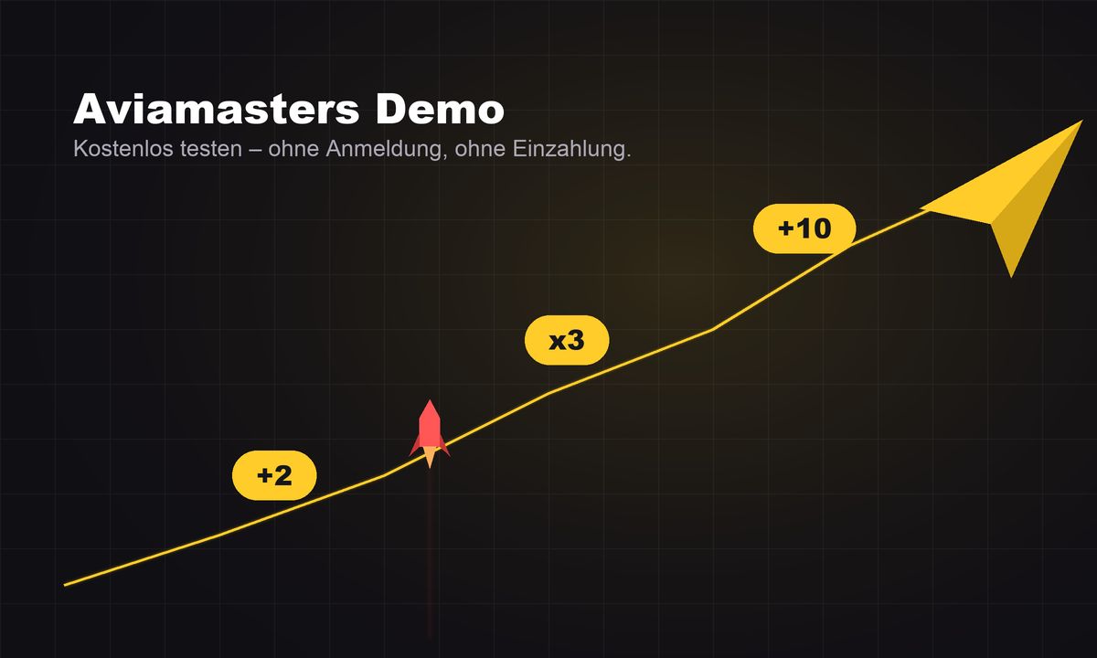 Vorschau des Aviamasters Demo-Modus: Flugbahn mit den Multiplikatoren +2, x3 und +10 sowie einer aufsteigenden Rakete